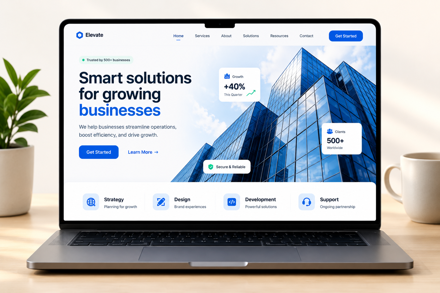 Business website mockup on laptop