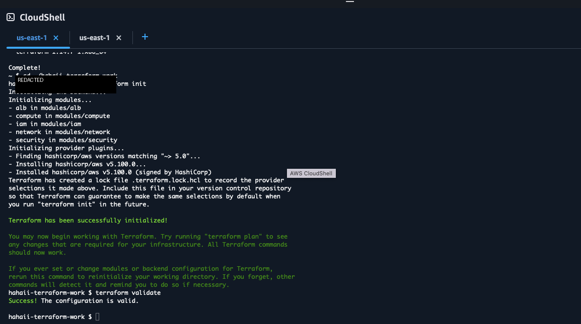 Terraform init and validate proof from AWS CloudShell